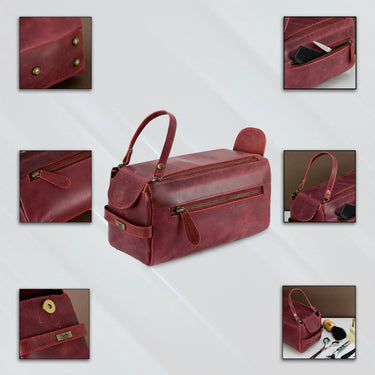 Premium Cowhide Leather Toiletry Bag Travel Dopp Kit Distressed Maroon -